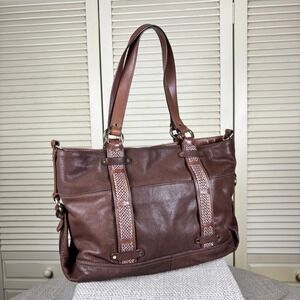 Cole Haan Brown Pebbled Leather Tote Vintage Woven Trim Large Boho Shoulder Bag